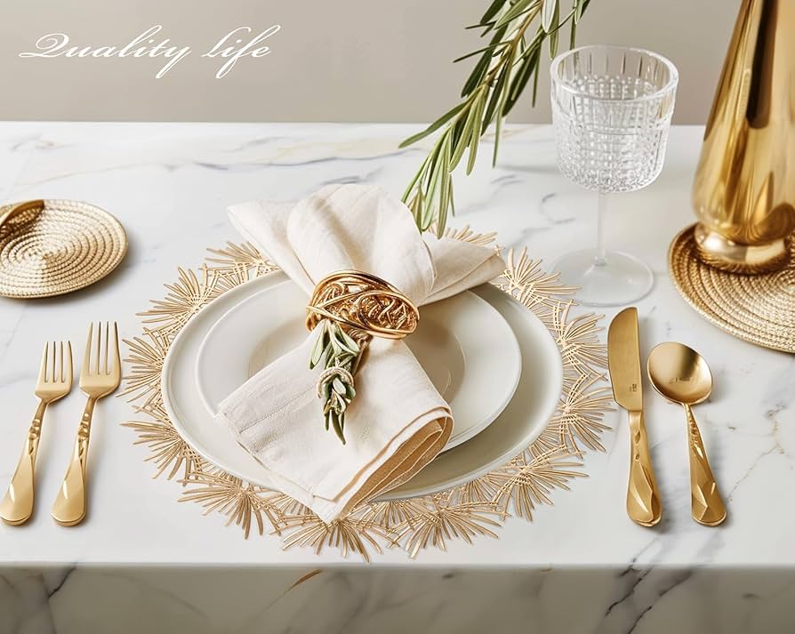 Hosoncovy, set di 4 tovagliette rotonde in PVC, impermeabili, resistenti all'olio, set di 4 tovagliette decorative per la casa, la tavola e la festa di nozze (oro