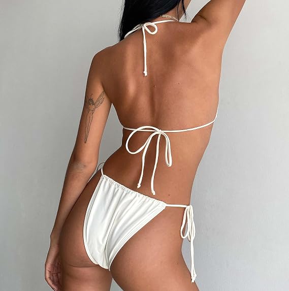 Womens Halter String Bikini Set Cute Bowknot Tie Side Triangle Thong Swimsuits Sexy Cheeky Two Piece Bathing Suits