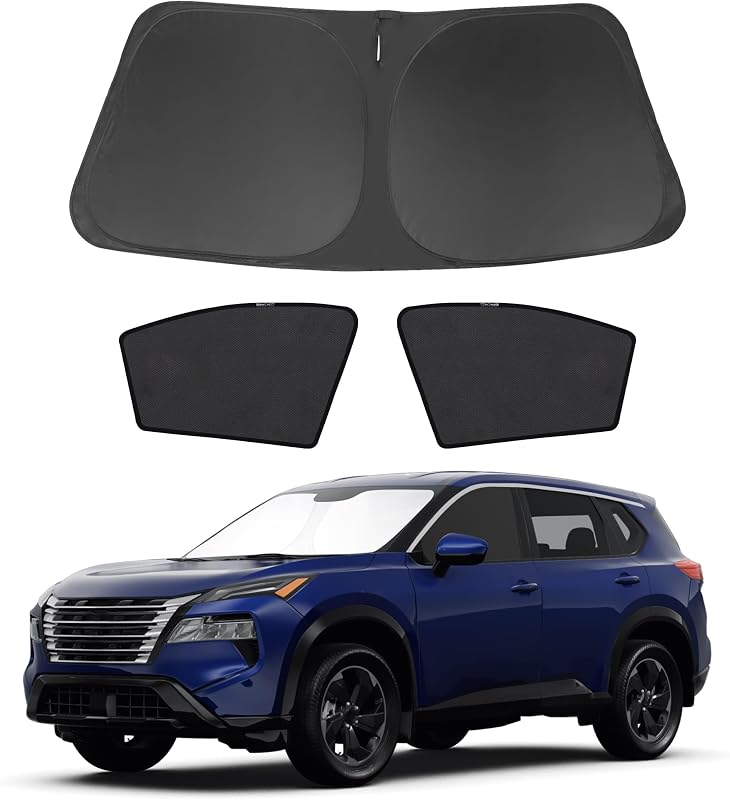 Protetor Solar para Para-brisa e Janelas Dianteiras Fannyc para Nissan Rogue 2023–2024, Dobrável, Magnético, Kit com 3 peças