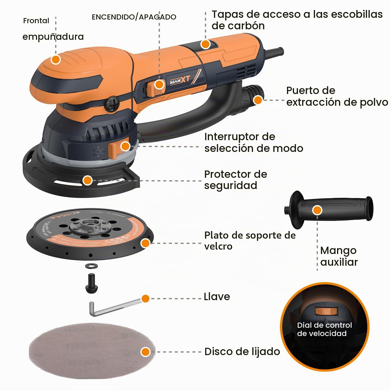 MAXXT Lijadora Orbital de Modo Dual 800W: 2 Modos (Grueso y Fino) / Extracción de Polvo de Alta Eficiencia / 6 Velocidades (3300-7400 RPM) — Ideal para Restauración de Pintura de Autos, Meta y Madera