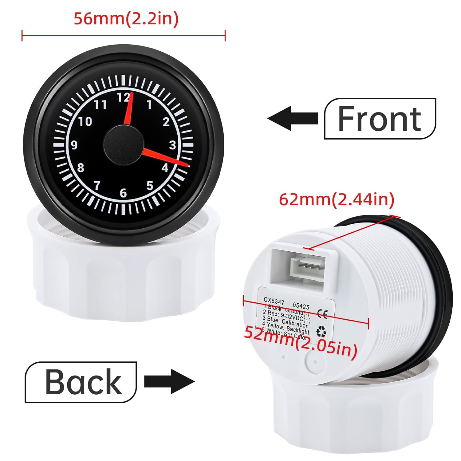 ARTILAURA 2" 52mm Clock Gauge 7 Color Waterproof 0-12 Hours Clock Meter Gauge for Car Boat (Black)