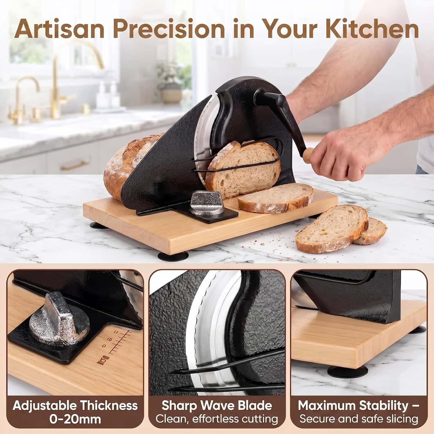 Hand Crank Bread Slicer with Scale Line & Suction Cup, Adjustable Thickness, Sourdough Bread Slicer for Sourdough Crusty Bread