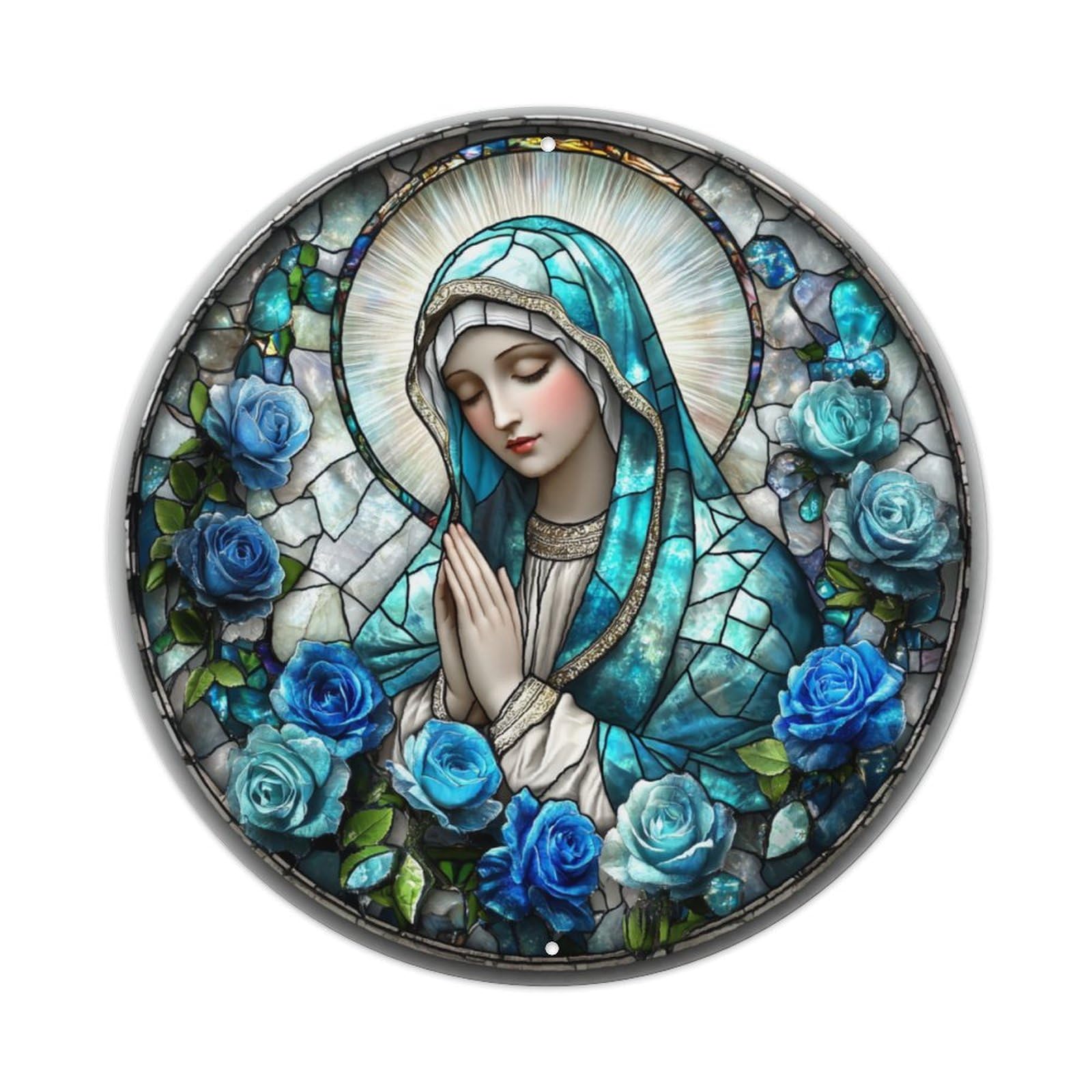 Stained Glass Virgin Mary With Blue Roses Vintage Aluminium Metal Sign, Retro Wall Decor for Home, Bar, Garage & Farmhouse 20x20cm