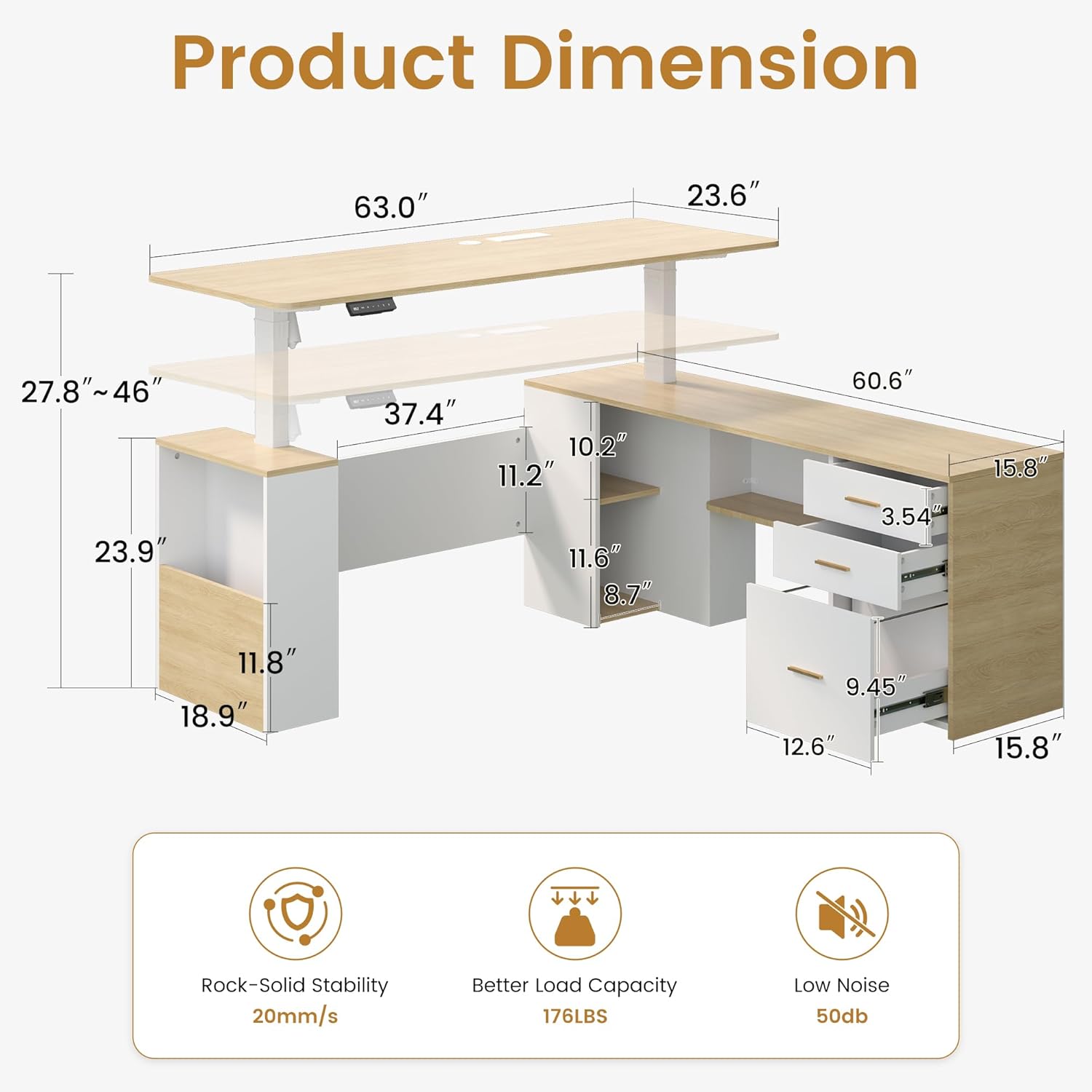 JOMEED 63" L Shaped Electric Standing Desk with Drawers, Executive Adjustable Height with Privacy Panel and Power Outlets(Oak and White)