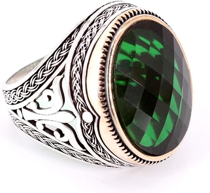Stylish Oval Emerald Gem Ring. Detailed 925 Sterling Silver Hand-crafted Eye-Catching Mens Jewelry.