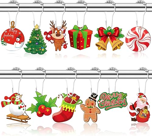 Barydat Juego de 24 ganchos de cortina de ducha de Navidad, anillos decorativos de Papá Noel, muñeco de nieve, árbol de nieve, ganchos resistentes a