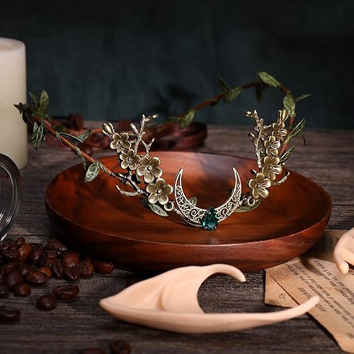 Miniatura 5 de MOSTORY Elf Ears with Wood Leaf Crown Headpiece for Cosplay Peach Flower Fairy Circlet Headband and 2 Pairs Soft Pointed Elf Ears Moon Crystal Tiara