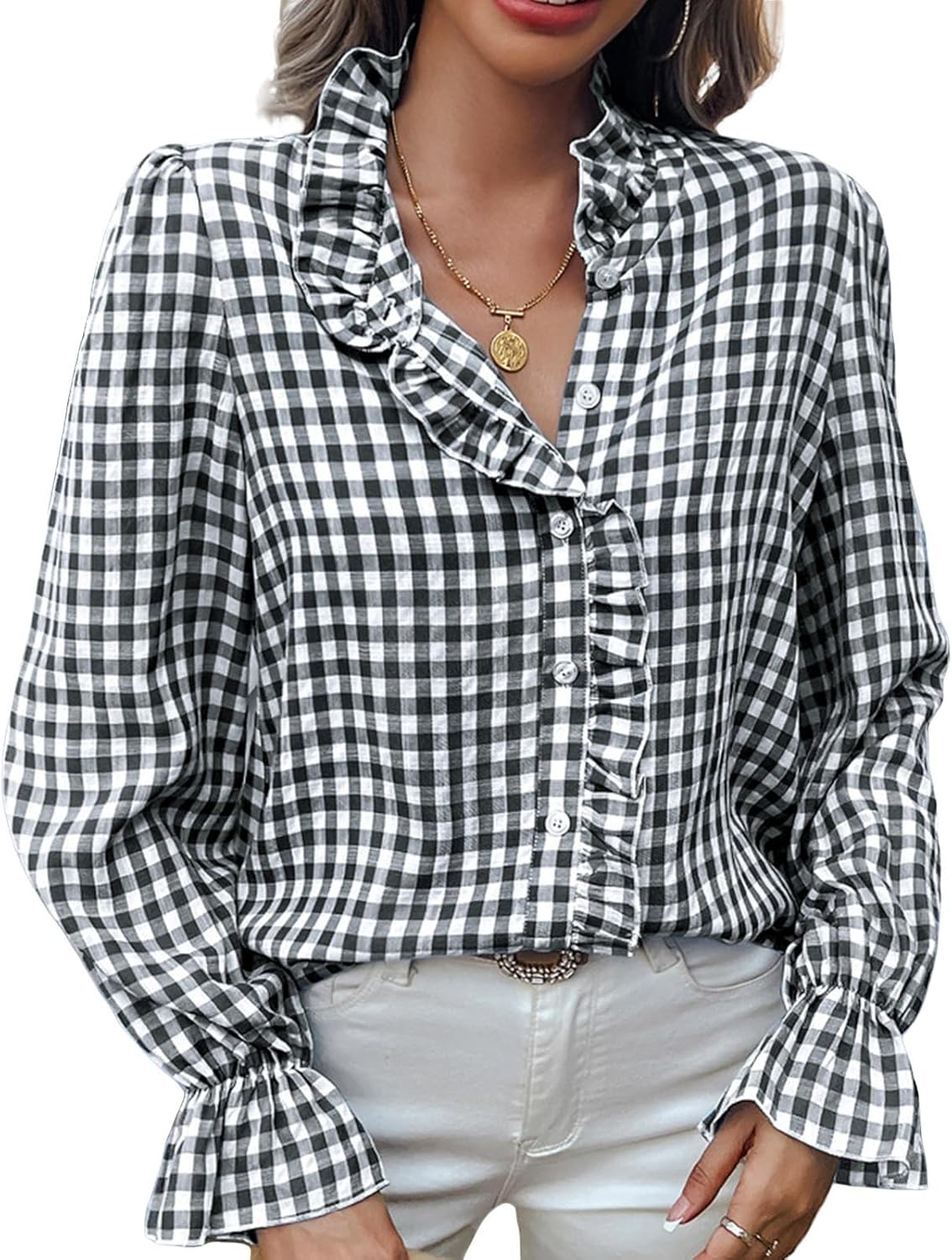 Women Plaid Blouse Stand Ruffle Collar Long Sleeve Button Shirt Ruffle Cuff Gingham Blouse Casual Work Out Shirts Top