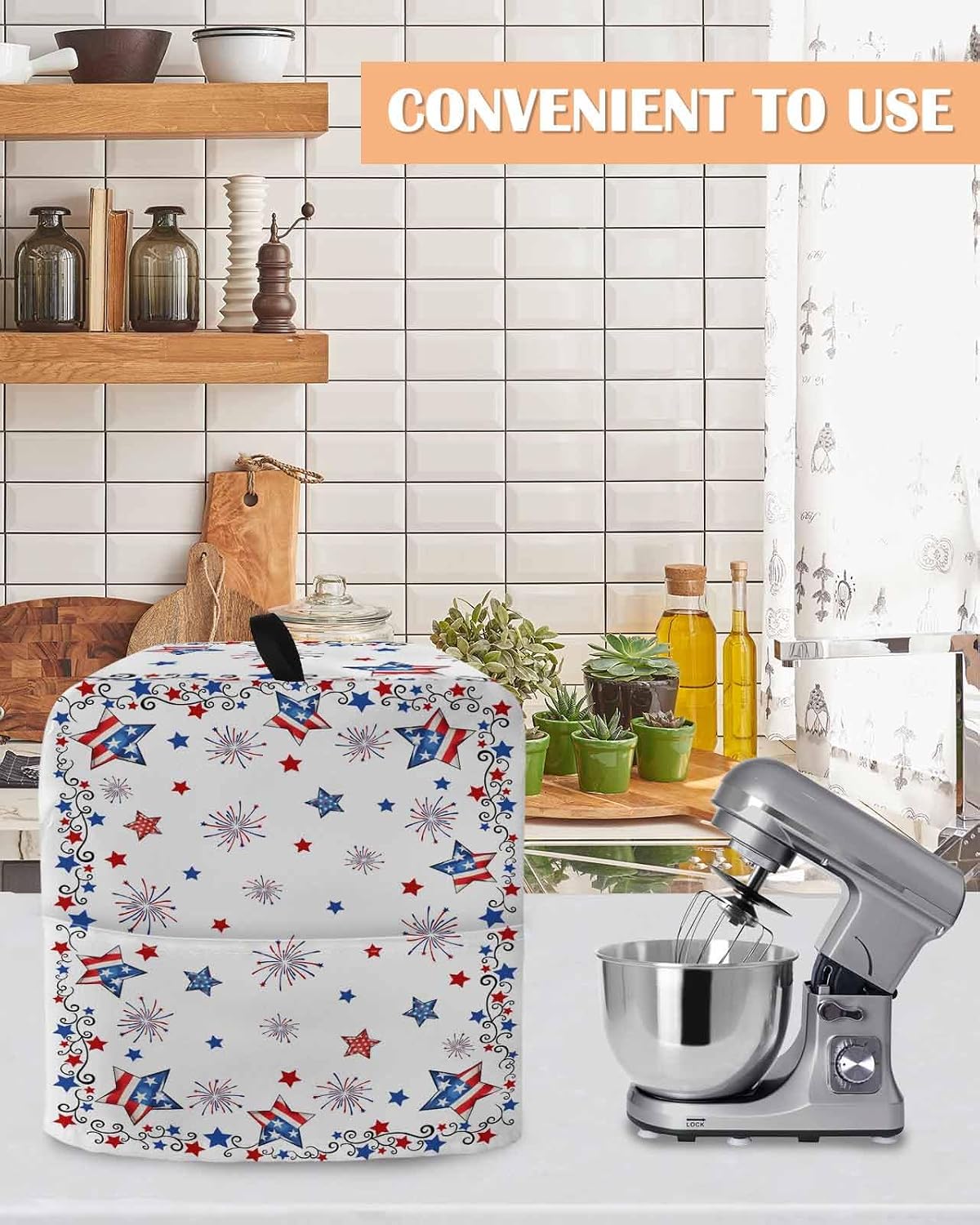 4th of July Stand Mixer Cover with Storage Pocket, Waterproof Kitchen Mixer Covers, Independence Day Blue Red Star Firework Kitchen Appliance Dust Cover Compatible with 5-8 Quart Mixers