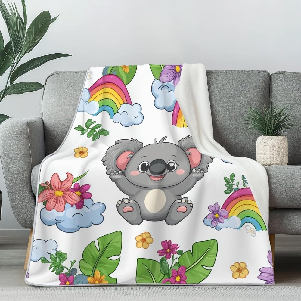 Koc z kreskówki, miś koala, tęczowy, koc flanelowy, roślina kwiatowa, liście, koc polarowy, koc na kanapę, przytulny, dla dziewcząt i chłopców (01, 200 x 200 cm)