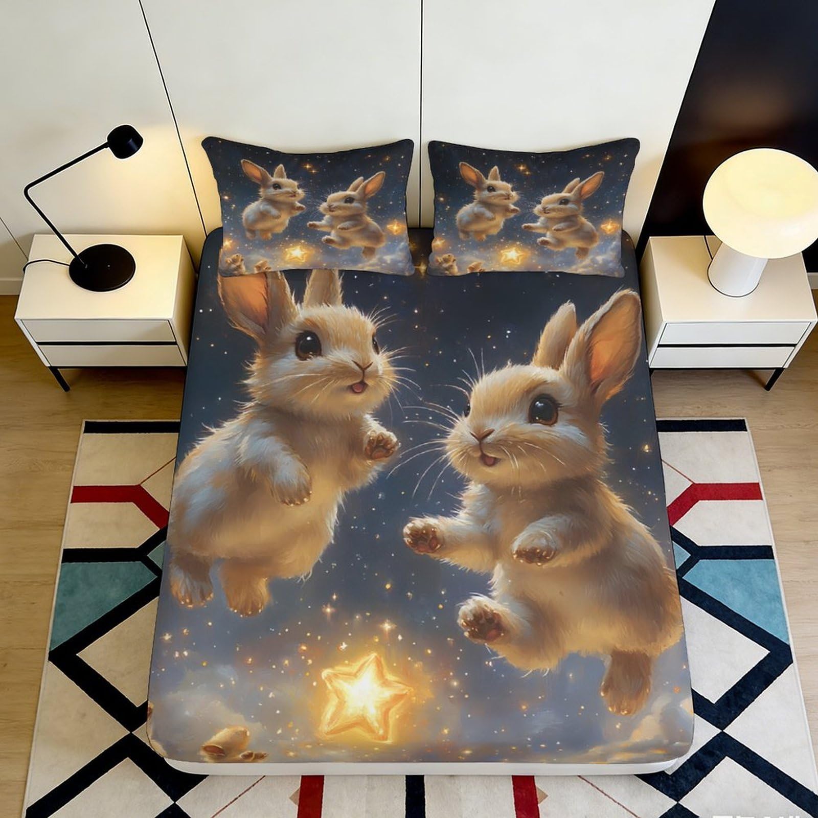 3D Printed Cute Bunny Star Fitted Sheet Microfiber Soft Anti-Slip Mattress Cover for Bedroom Dorm Decorative Easy Care 180x200x25cm