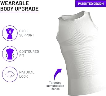 Rounderbum Mens Light Compression Tank Top White, Small Lightweight Seamless Compression Shirt that Slims Abs, Supports Back & Improves Posture Under Clothing
