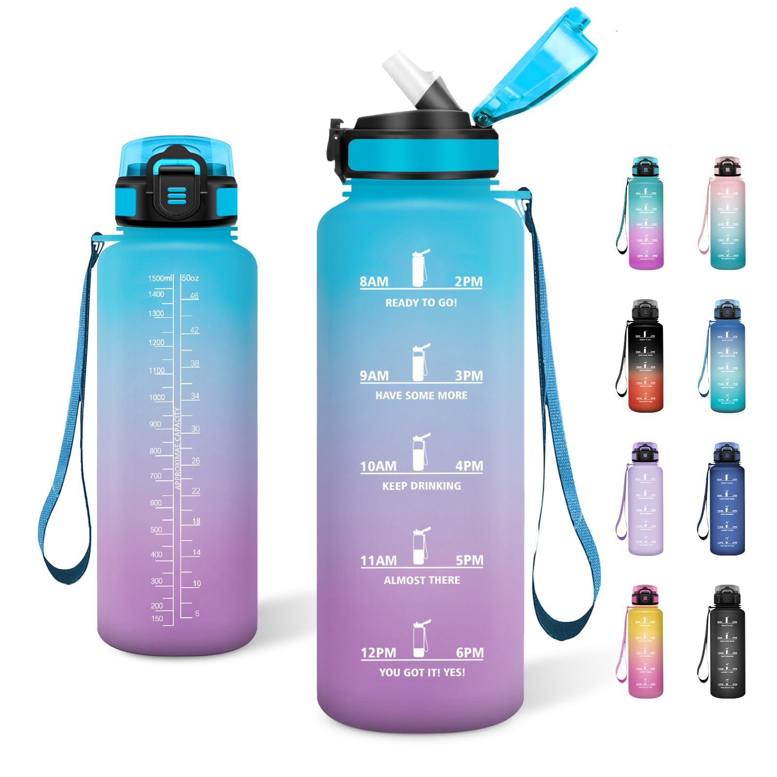 JAPORIA 1.5L Water Bottle with Straw Leak Proof Water Bottle with Time Indicator for Fitness, Travel, School
