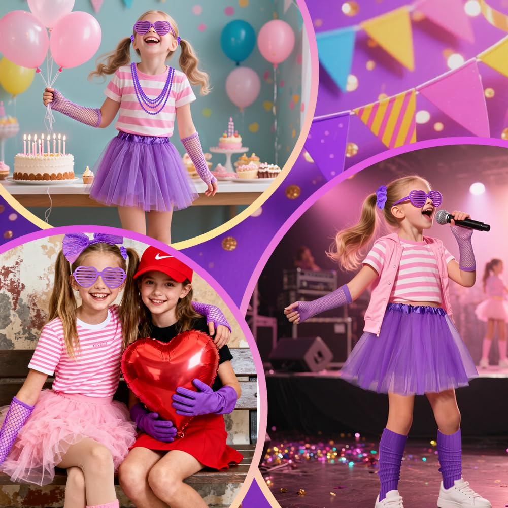 BSBUY 80s Fancy Dress Costume for Kids 21 Pcs 1980s Neon Costume Fancy Dress Outfit Dress Up with Tutu Skirt Fishnet Gloves Leg Warmers Glasses Bracelets Necklaces Headband Anklets Wristbands(Purple) - Image 7