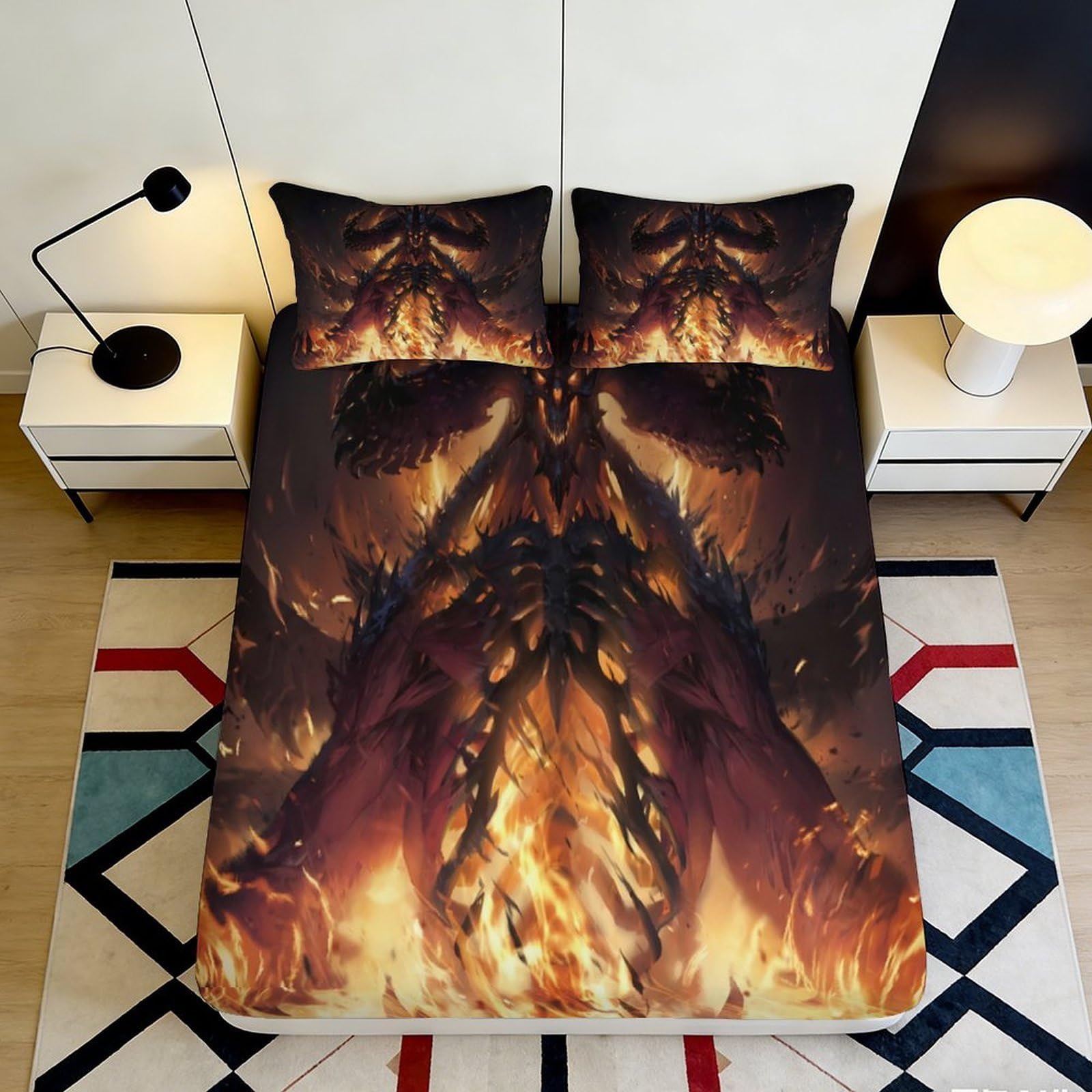 3D Printed Fire Dragon Fitted Sheet Microfiber Durable Flame Skull Mattress Cover for Bedroom Dorm Decorative Protection 90x200x25cm