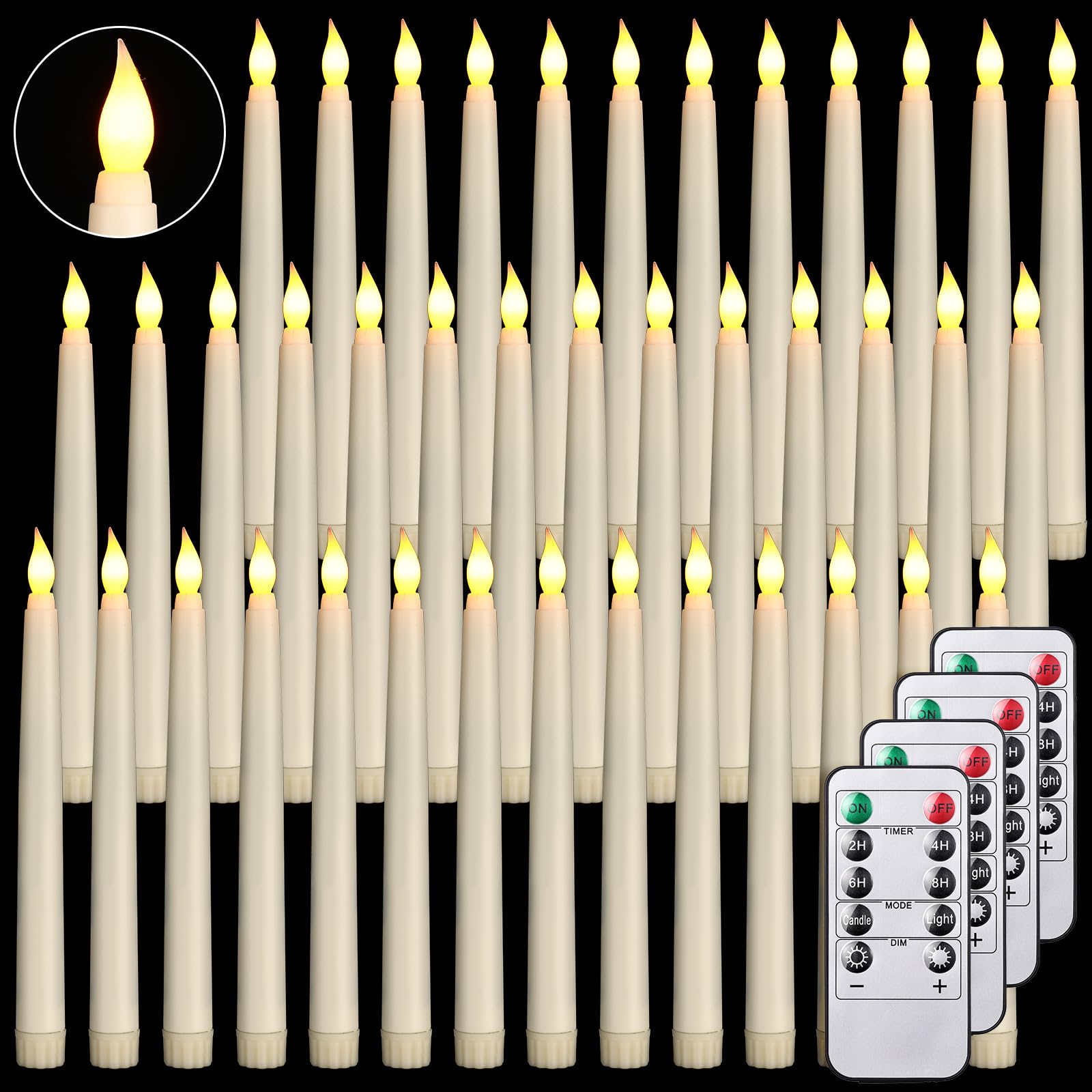 Tuanse 50 velas cónicas sin llama con temporizador remoto y atenuador, color marfil, funciona con pilas, velas LED parpadeantes sin llama para boda, hogar, Navidad, Halloween, decoración de fiesta