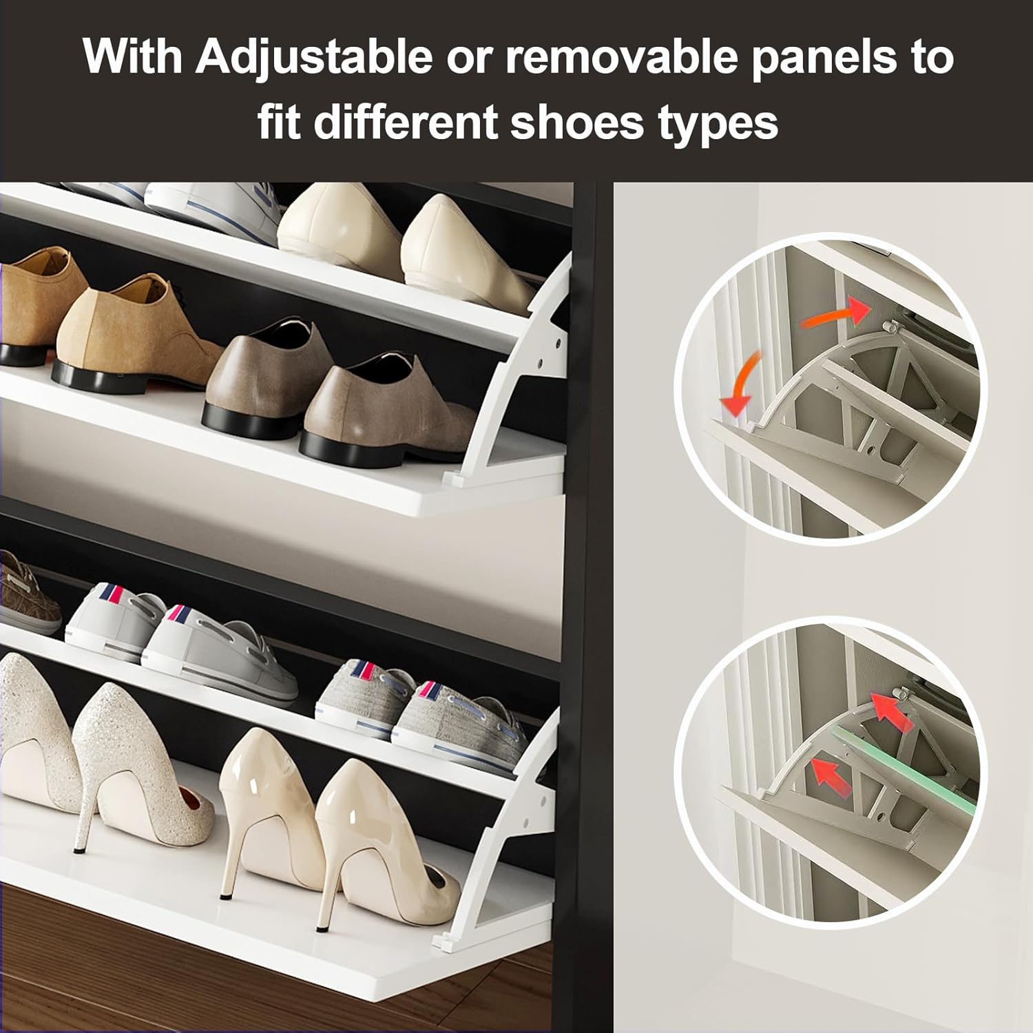 Multifunctional Narrow flip-Flop Shoe Cabinet with 3 Doors and 2 Drawers, freestanding Shoe Cabinet with Adjustable dividers, for Entrance Halls and corridors (White+Black)