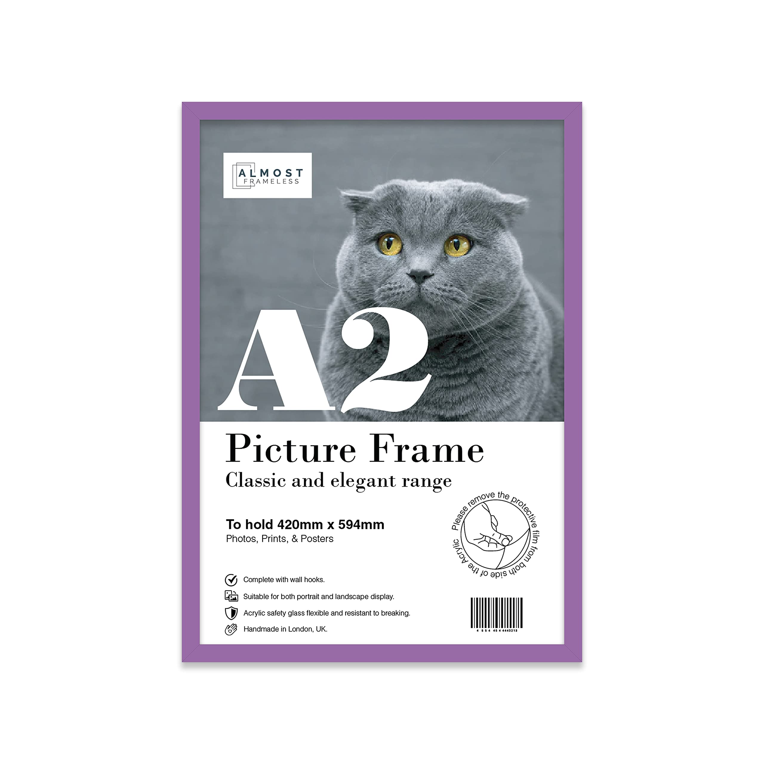Almost Frameless Purple Picture Frame A2 Fits A2 (42 X 59.4Cm - 16.5 X 23.4In) Poster, Photo, Or Print. Portrait And Horizontal Wall Hooks