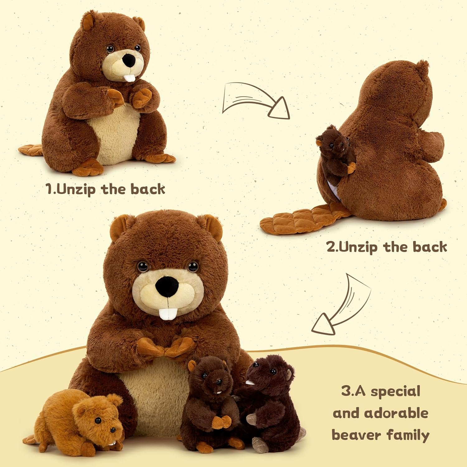 MaoGoLan 4Pcs Beaver Stuffed Animals with Three Babies Inside,17.7" Fluffy Giant Beaver Plush Gift,Funny Beave Plushie Woodland Toys for Kids,Teens,Baby Shower,Christmas - Image 2