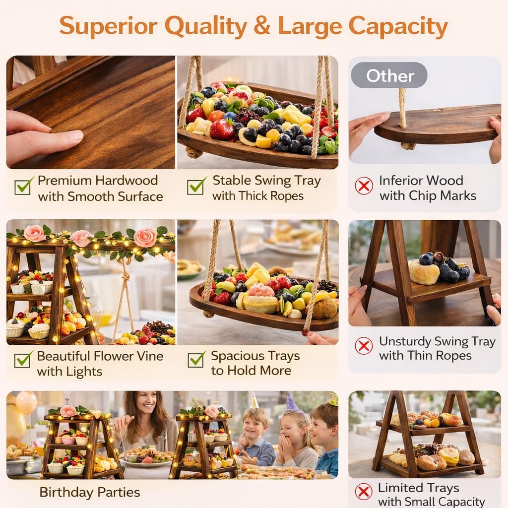 3 Tier Wooden Cupcake Stand with Swing and Flower Decoration, Dark Brown Natural Wood Dessert Swing Display Serving Set with Removable Trays, Rustic Wedding & Party Dessert Stand