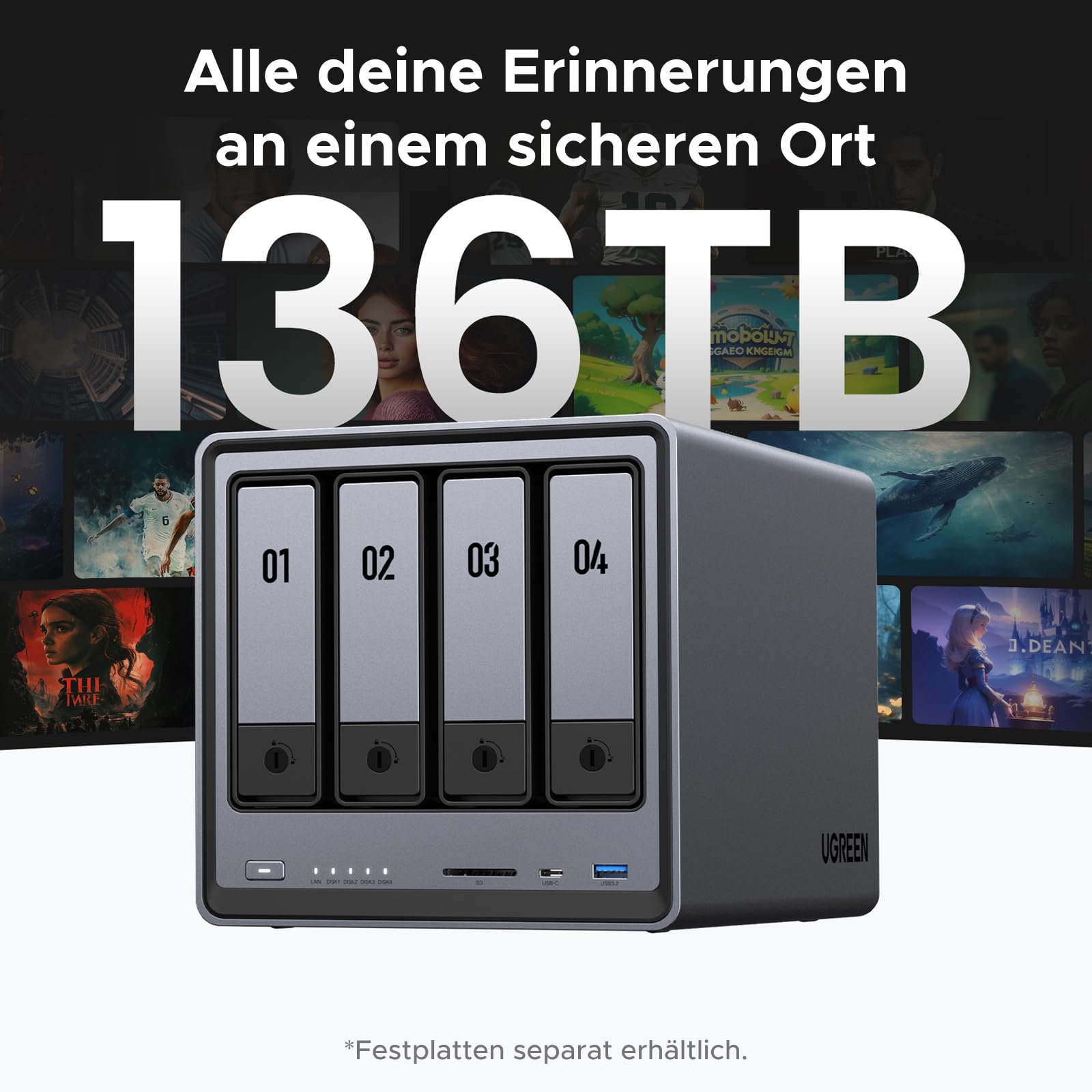 UGREEN NASync DXP4800, NAS de bureau 4 baies, processeur Intel N100 quadricœur, 8 Go de RAM DDR5, 32 Go eMMC, 2 emplacements 2,5 GbE, 2 emplacements M.2 NVMe, HDMI 4K, stockage en réseau (sans Disque)
