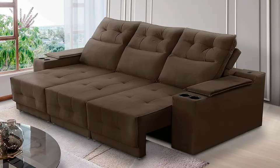 Sofá Retrátil e Reclinável 3 lugares 2,10m com Porta Copos e USB Hannah Suede Marrom Adonai Estofados