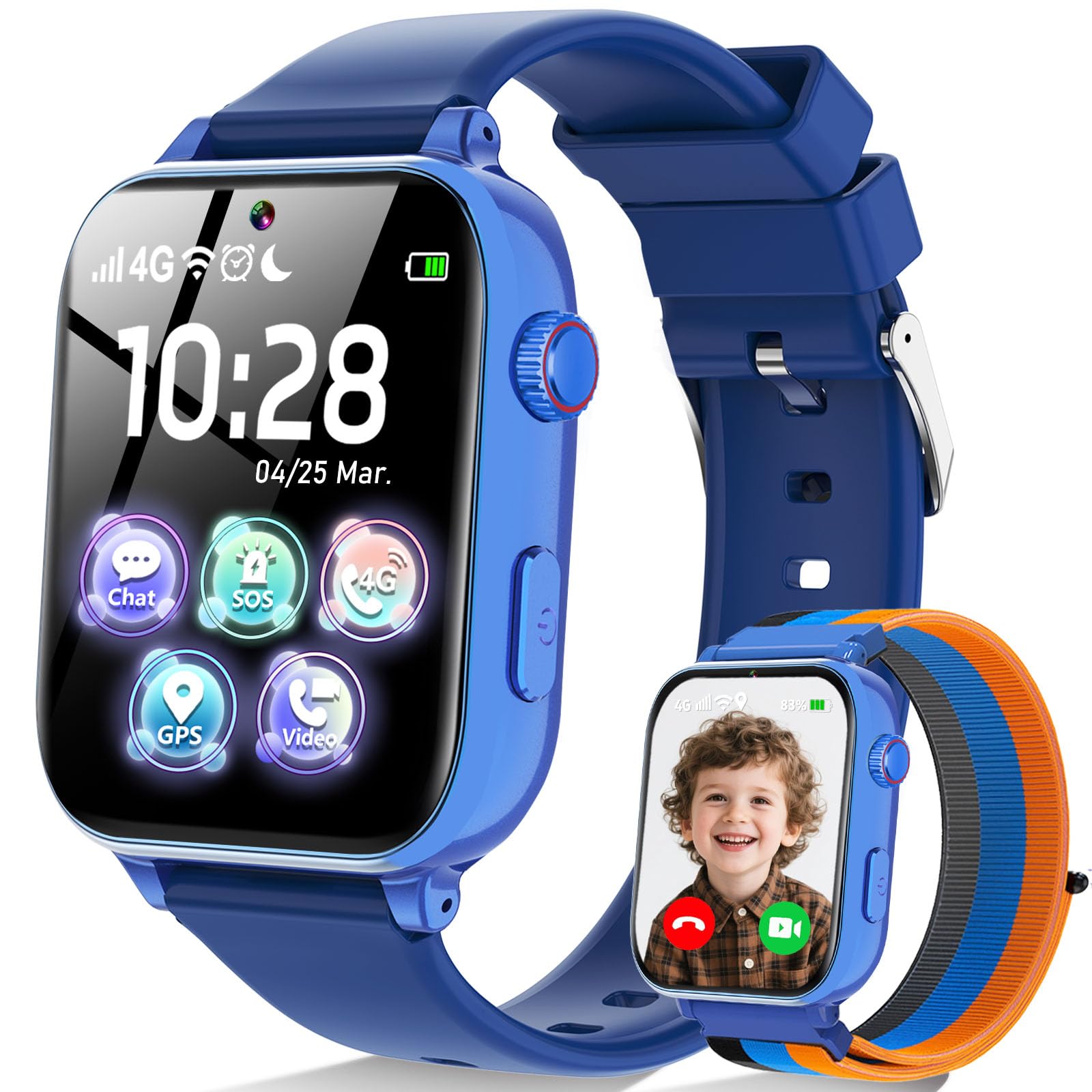4G Smartwatch Kinder mit GPS und Telefon, Armbanduhr Junge Mädchen mit Video/Telefonanruf, SOS Notruf, Wecker, Schulmodus, Schrittzähler, Puzzlespiel, Kinderuhr für Geschenke 4-12 Jahren, Blue