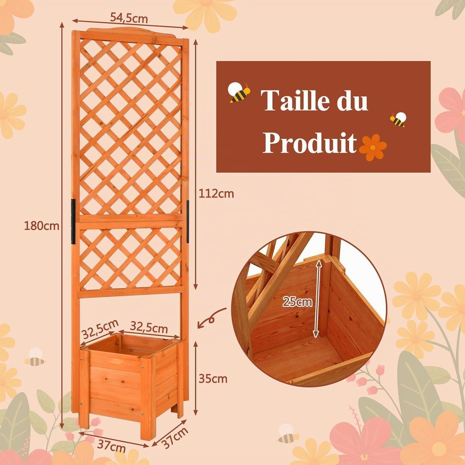GOPLUS Jardinière avec Treillis 180CM en Bois, avec Trou de Drainage pour Plantes Grimpantes, Fleurs, Jardinière pour Cour, Jardin, Balcon, 54,5x54,5x180cm