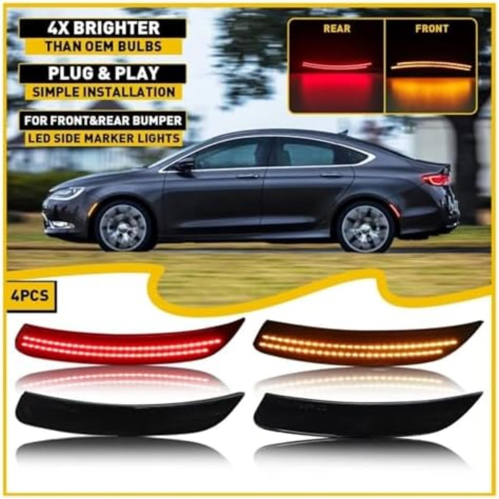Lampka kontrolna w lusterku bocznym, dla Chrysler 200 2015-2017 Tylny błotnik Marker Zderzak Akcesoria do lamp Wędzone Wodoodporne 4 szt. Czerwona bursztynowa dioda LED Przedni sygnał