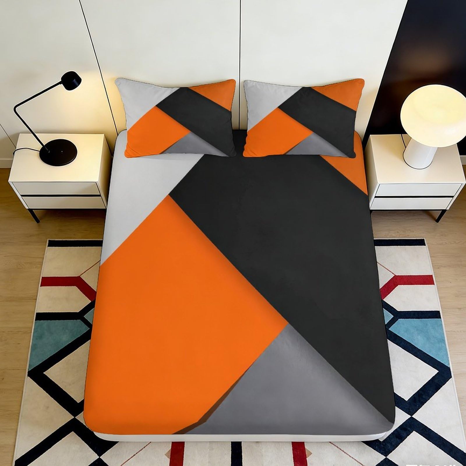 3D Printed Geometric Orange Black Fitted Sheet Microfiber Modern Abstract Mattress Cover Bedroom Decor 90x200x25cm