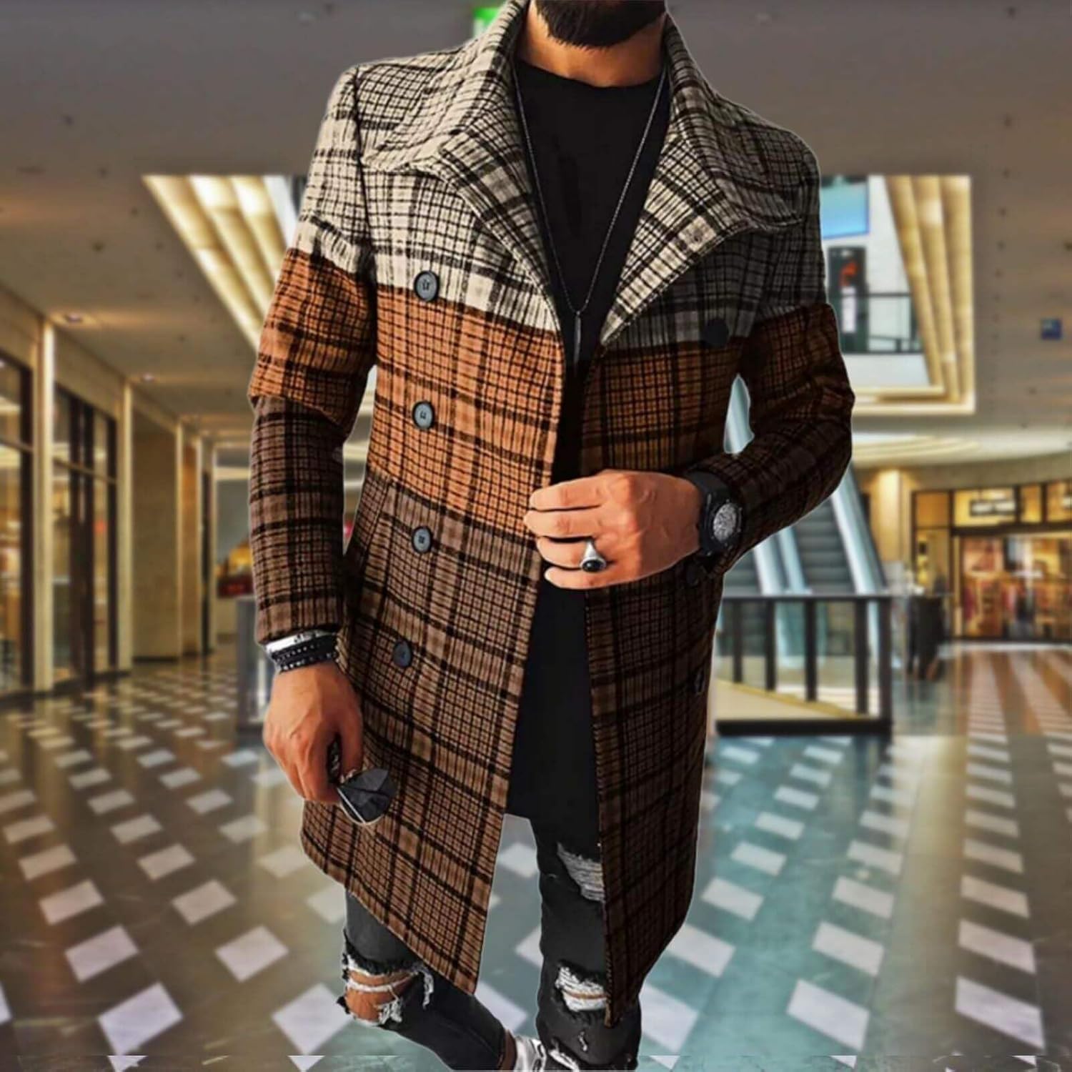 Men's Plaid Long Trench Coat Mid - Length Lapel Collar Button Down Warm Overcoat for Winter & Autumn Fashion - Image 4