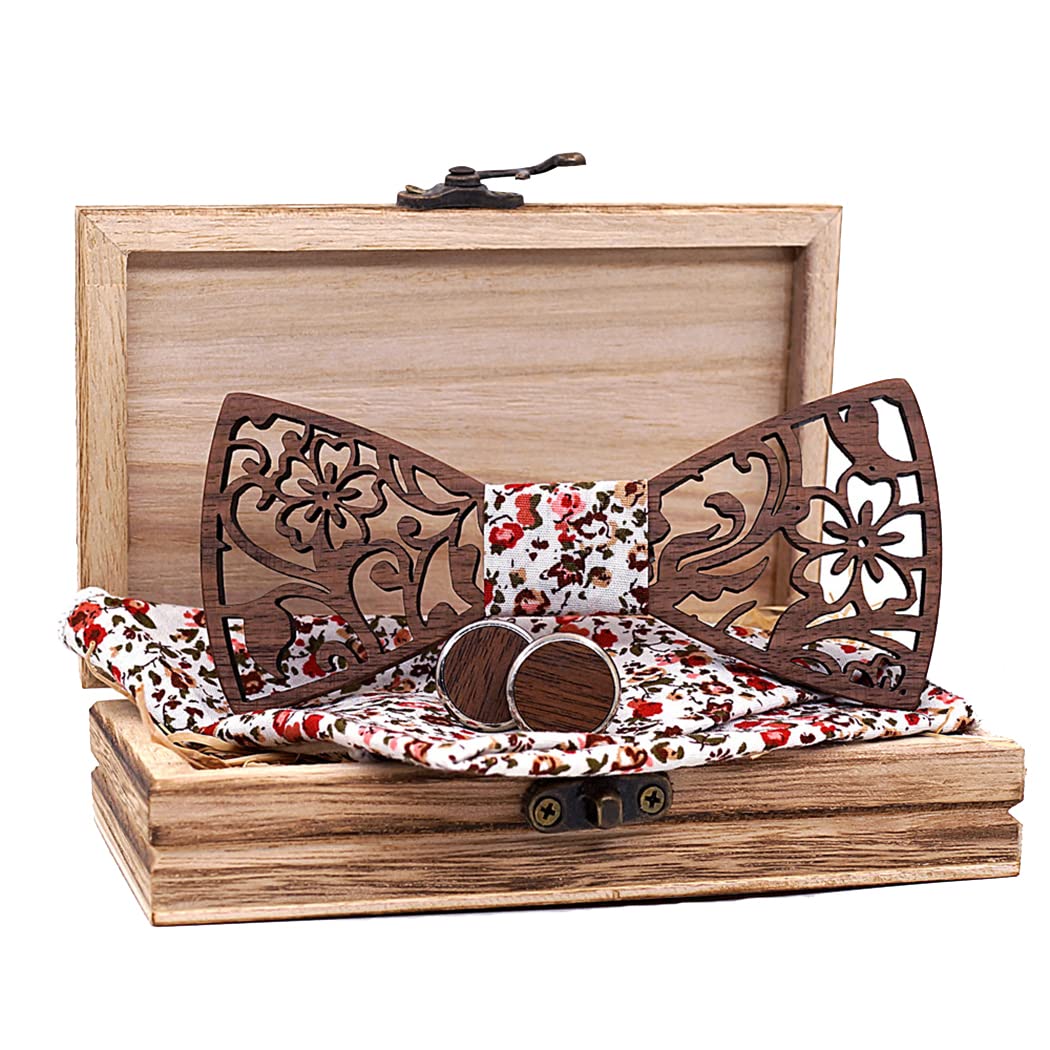Set Accessoires Bois Élégant - Noeud Papillon + Boutons Manchette + Broche + Carré De Poche - Cadeau Homme Mariage