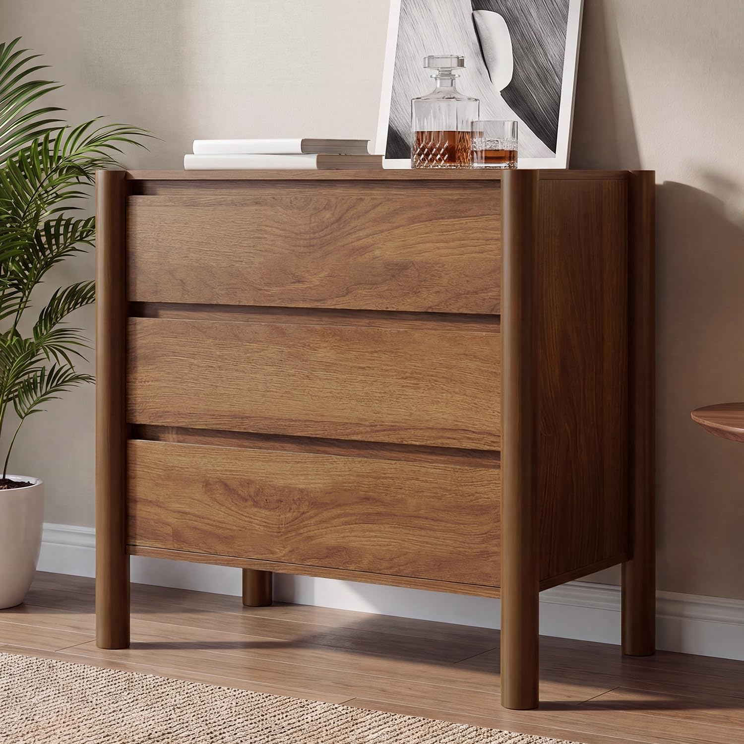 HOUROM Walnut 3 Drawer Dresser Mid Century Modern Chest