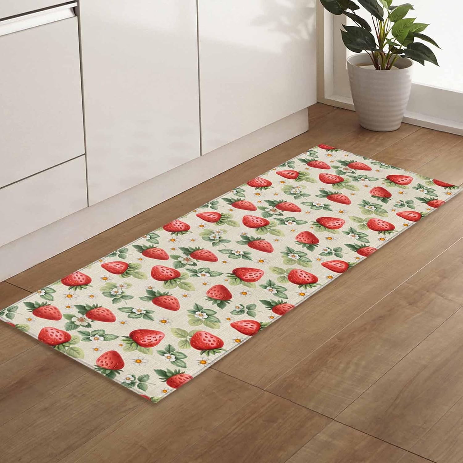 Teamery Kitchen Mats for Floor Summer Fruits Strawberries Washable Non Slip Kitchen Rugs 1PCS, Watercolor Plant Art Absorbent Standing Mats for Sink Bathroom Office Living Room 23.6x70.9in
