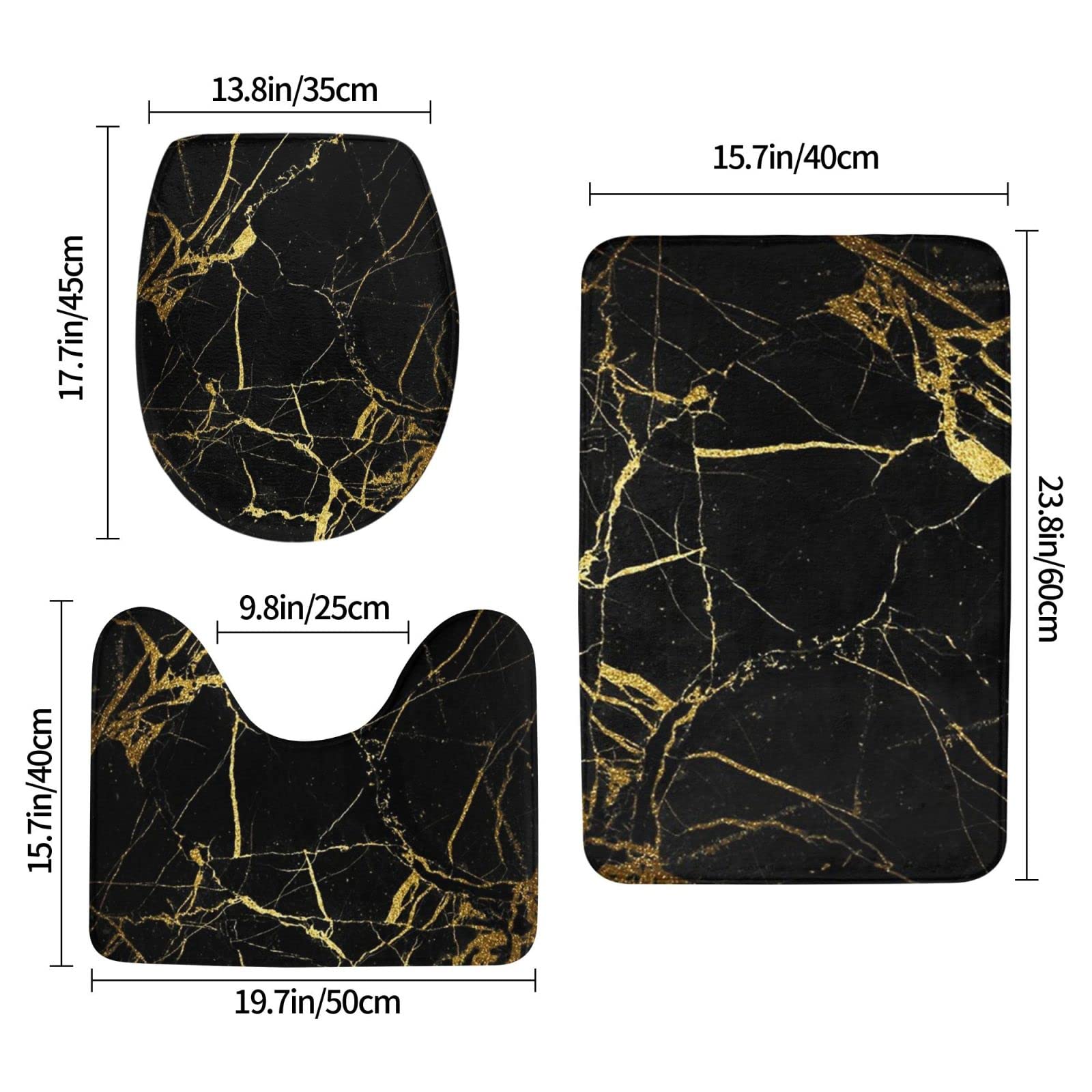 Badteppich-Set, rutschfest, ultraweich, mit U-förmigem Teppich, Wohnzimmerteppich, Schwarz / Gold, Marmor, 3-teilig