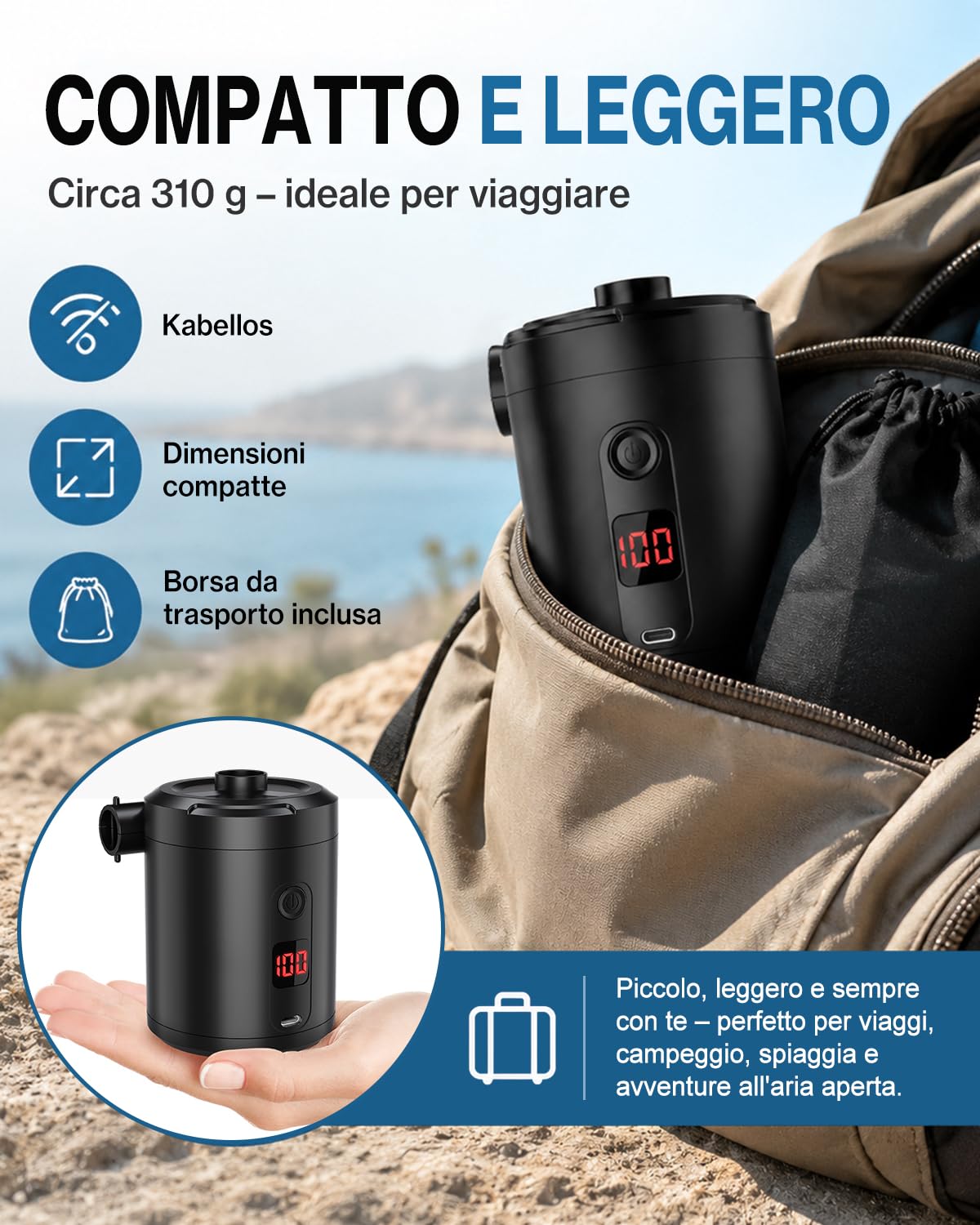 Lytool Pompa Elettrica 5200mAh con Display Digitale, 4 KPa Portatile Rapida 280L/min con 3 Ugelli e Anello per Piscina, Vacuum, Campeggio e Materasso Gonfiabile