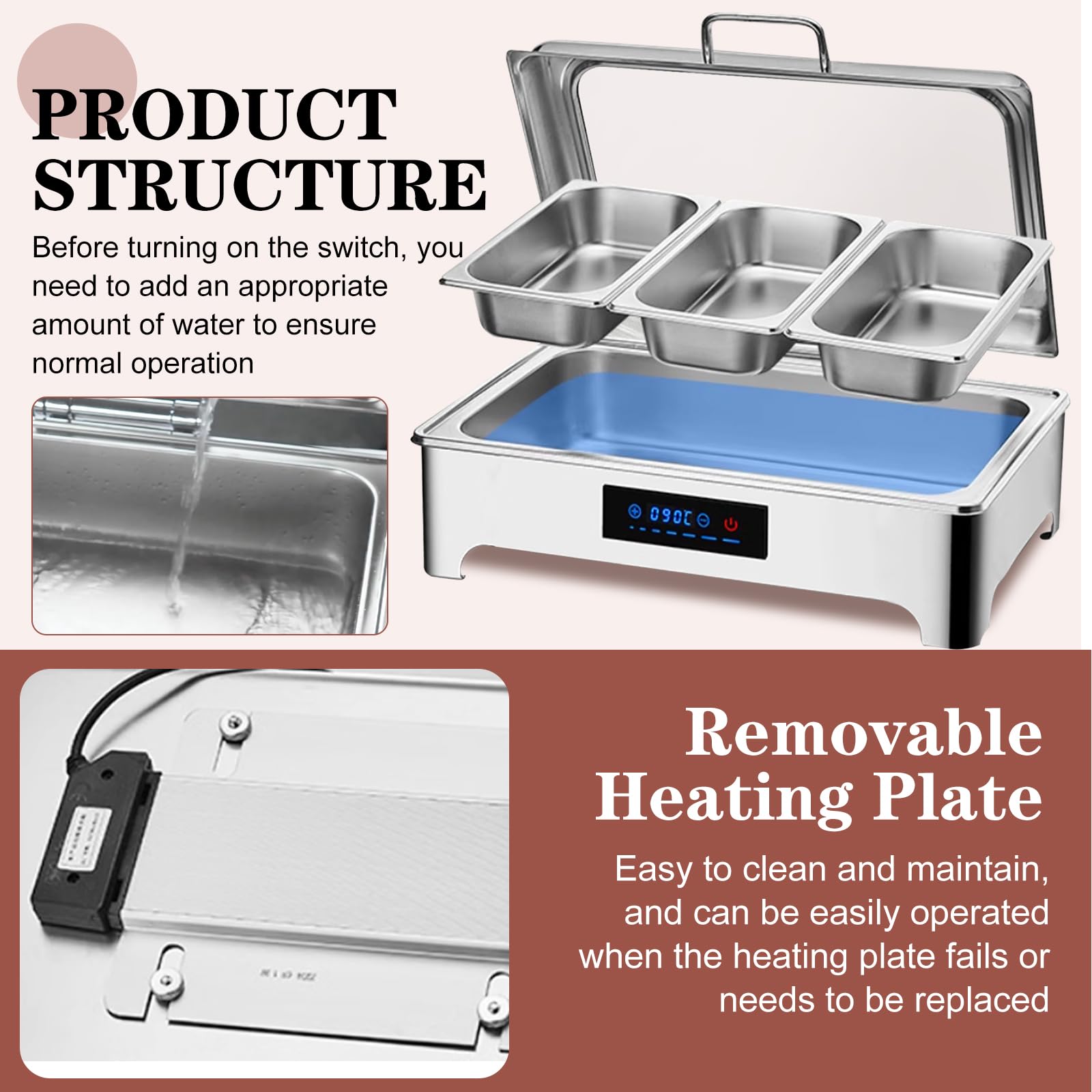 Chafing Dish Buffet Electrico, Profesional Calentador de Buffet Electrico, Food Warmer Buffet Server para Catering y Fiestas, 9L, 400W, 220V, Acero Inoxidable (1/2)