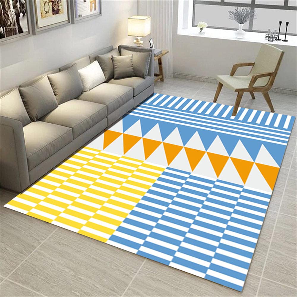 Tapis de salon moderne et grand tapis enfant abstrait jaune et bleu