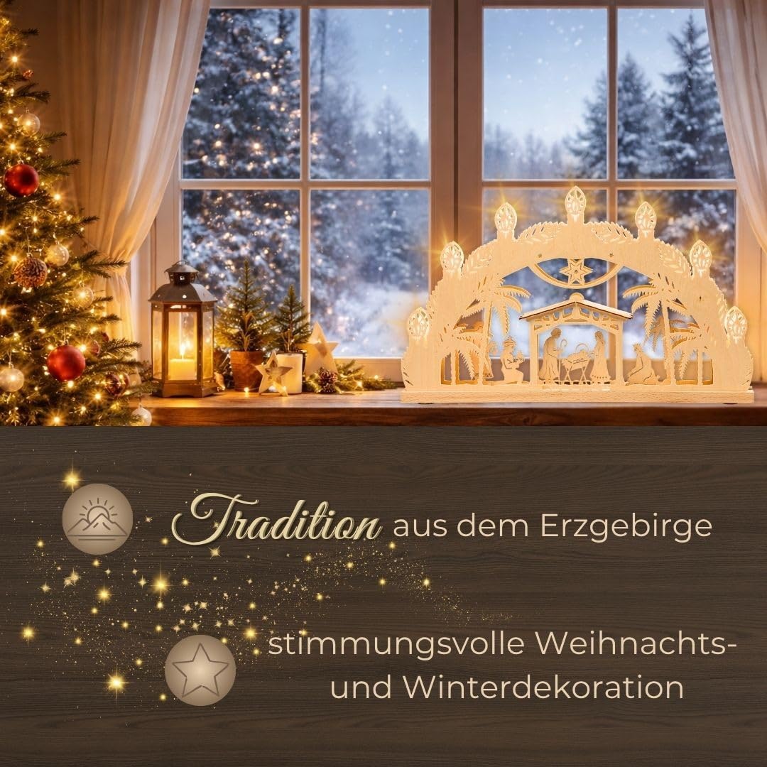 weigla - Schwibbogen original Erzgebirge I Lichterbogen Weihnachten I Motiv Betlehem I 7 Lampenkerzen + 1 Ersatzlampe I 7 x 34 V, 3 W, E10 I beleuchtete Weihnachtsdeko innen