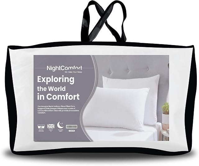 Night Comfort Luxury Soft Touch Pillow Pair for Firm Support - Microfibre Hollowfibre Filled Fluffy Bounce Back Down Alternative Side Sleepers Pillow for Neck and Shoulder Pain