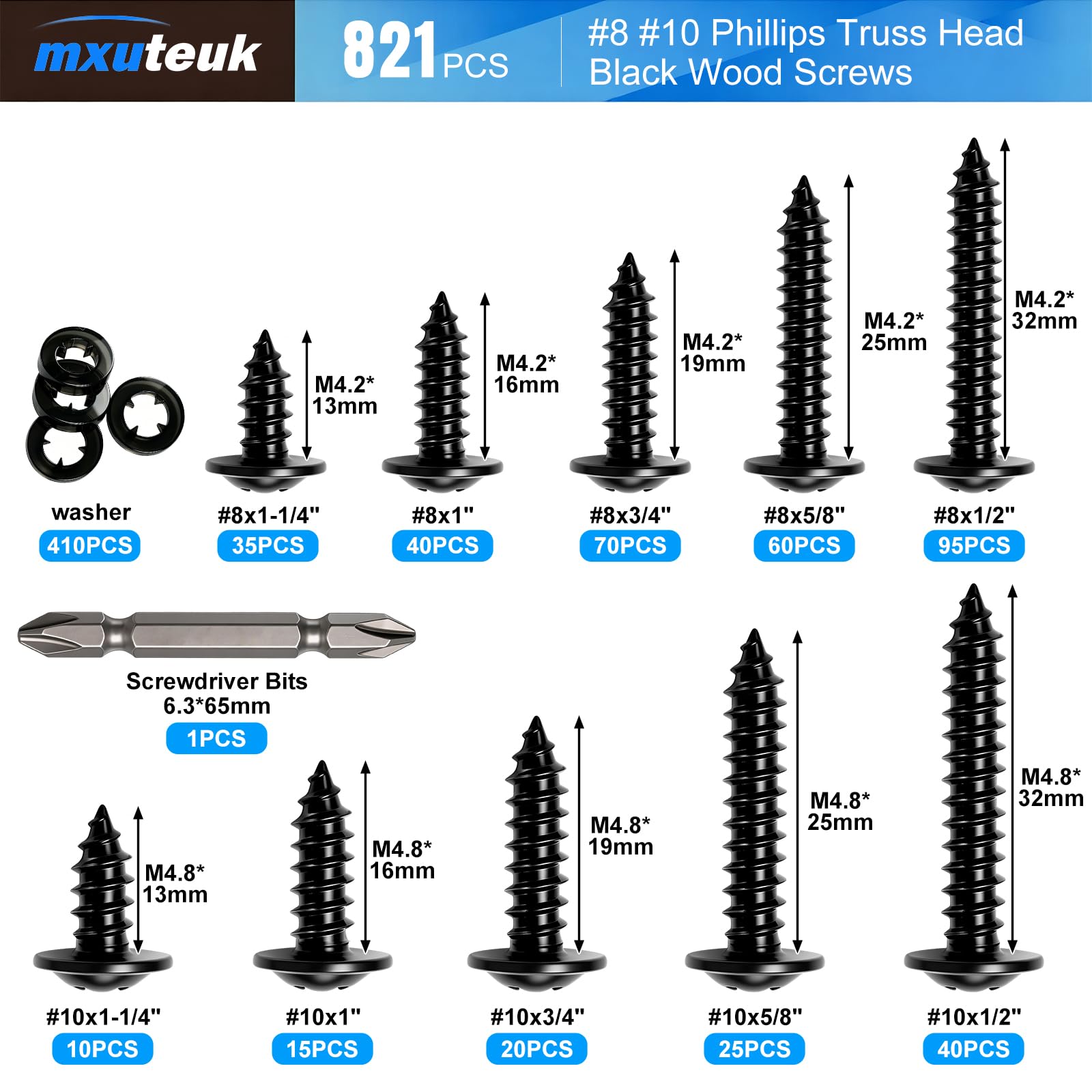 mxuteuk 820 tornillos de madera #8#10, tornillos negros de acero inoxidable 410 para madera, tornillos autorroscantes de metal rápido de 0.5 pulgadas, 0.63 pulgadas, 0.75 pulgadas, 1 pulgada, 1 a 0.25