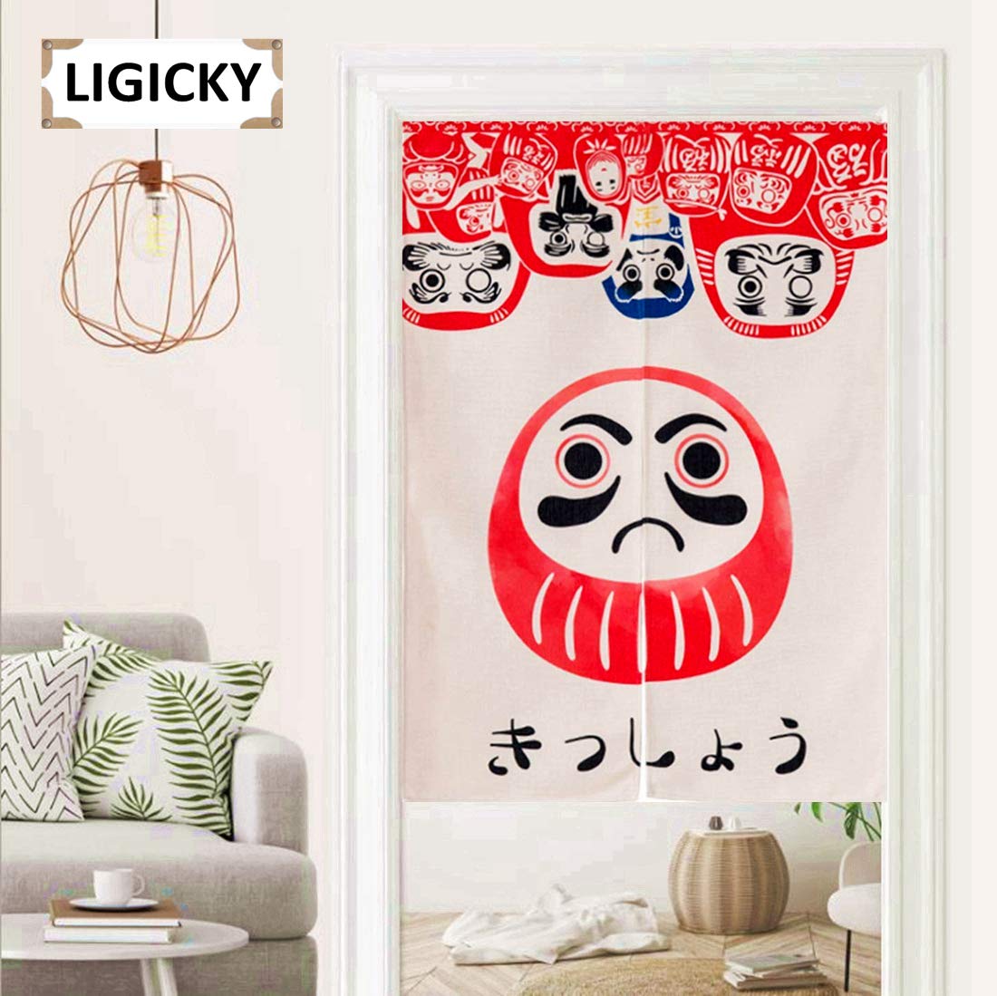 LIGICKY Noren japoński styl drzwi zasłona bawełniana lniana lalka Daruma nadruk obróbka okna drzwi gobelin do dekoracji wnętrz 80 cm szerokości x 110 cm długości