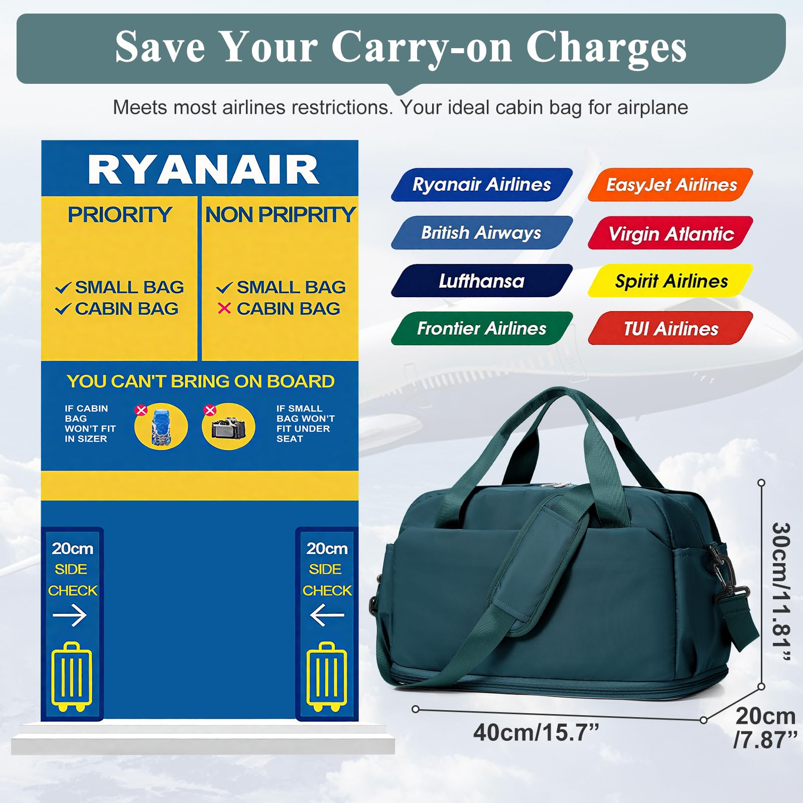 SEAFEW Borsone da Viaggio,Bagaglio a Mano 40x30x20 Ryanair Borsa da Viaggio con Scomparto per le Scarpe,Borsa da Cabina Ryanair Borsa Sportiva Borsone da Palestra Borsa da Weekend,C04-Blu pavone