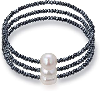 سوار هيماتايت لؤلؤ الباروك الابيض المستزرع في المياه العذبة 3 صفوف قابل للتمدد للنساء 7.5 انش