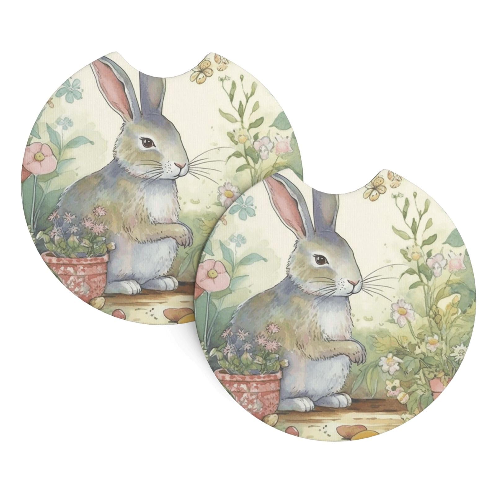 2 Pack Car Coaster for Cup Holders Garden Bunny Car Cup Coaster 2.7" Neoprene Non-Slip Automotive Cup Mat Universal Auto Car Interior Accessories for Women Men Cup Pad