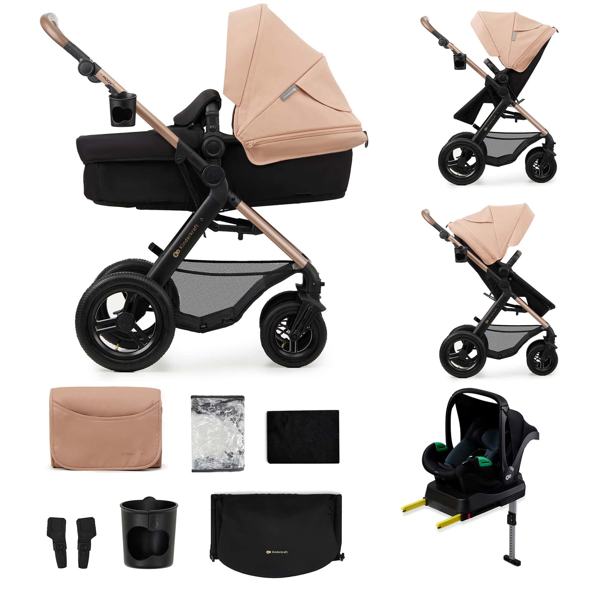 Kinderkraft MOOV 2 AIR, carrito 4 en 1 con capazo y silla de paseo 2 en 1, ruedas hinchables todoterreno, Travel System con MINK PRO i-Size, hasta 22 kg, Beige