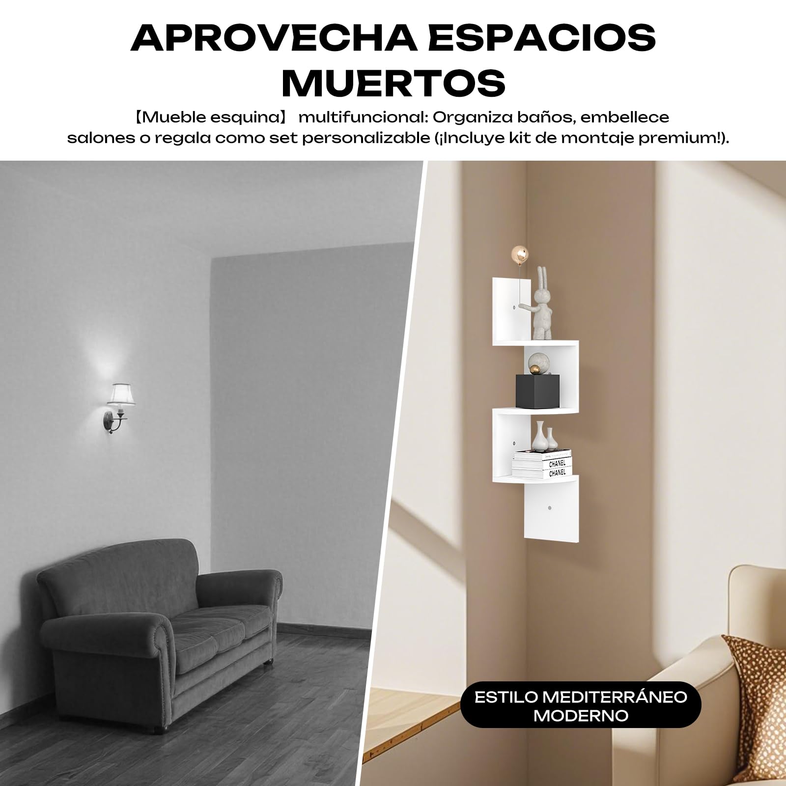Estantería de Esquina para Pared 20x20cm - Organizador Esquinero para Dormitorio, Baño, Salón con 6kg de Carga, Montaje Rápido, Decoración Moderna de Rinconera (Blanco, 3 Niveles)