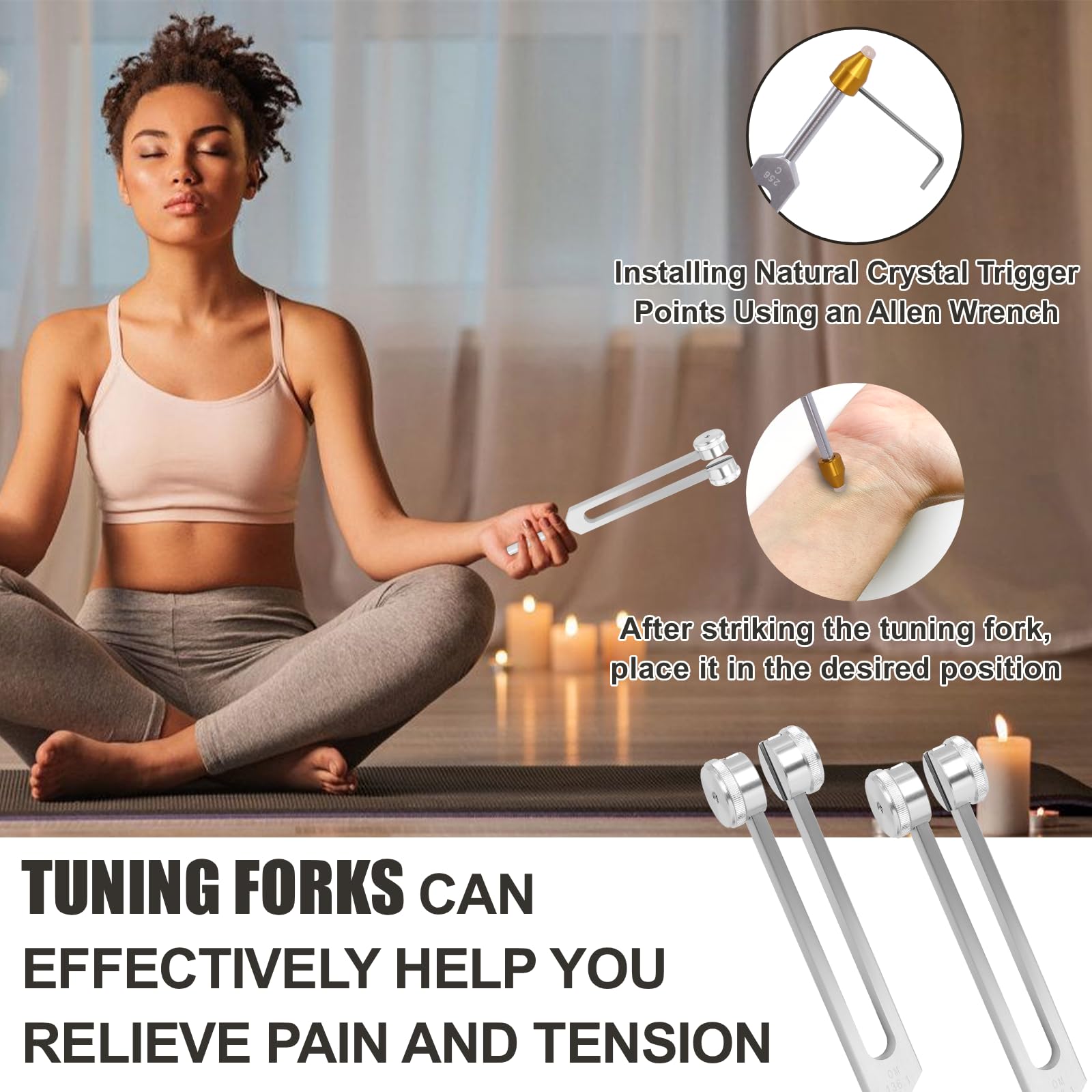 Diapasones para curación 128Hz 136.1Hz 256Hz 384Hz – Diapasones con Peso y sin Peso con Martillo, Activador y Punta de Amatista para Equilibrio Sonoro, Meditación y Relajación