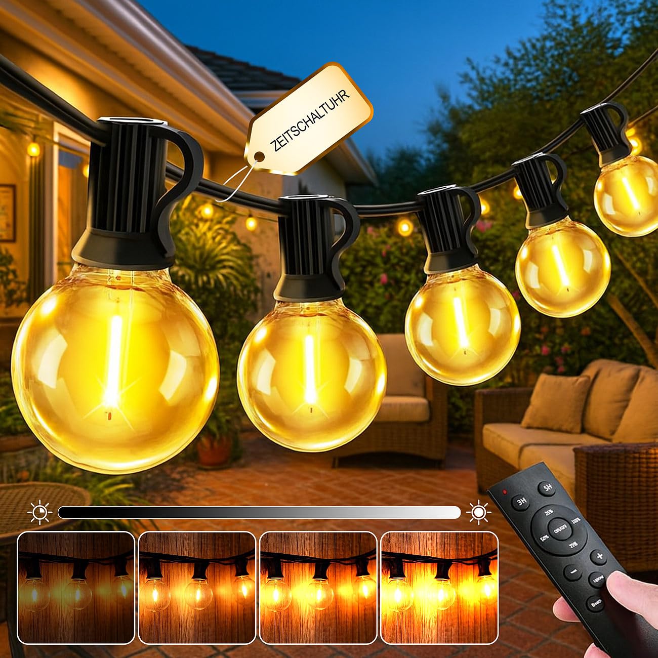 Lunartec Lichterkette außen Strom: 2er-Set Lichterkette mit G40-Glühbirnen, 43 LEDs, 2 Ersatzlampen, 30 m (G40-Lampen, Balkon)