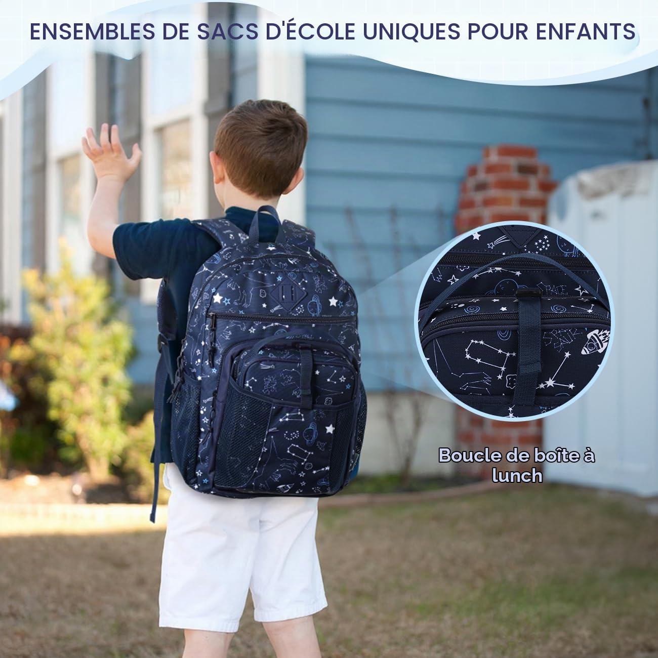 VASCHY Cartable Fille Garçon Primaire, Poches Multiples 2 en 1 Set de Sac à Dos Enfant Scolaire 6 à 9 Ans Grande Capacité Sac d'École avec Sac Repas pour Voyage Randonnée Univers Bleu